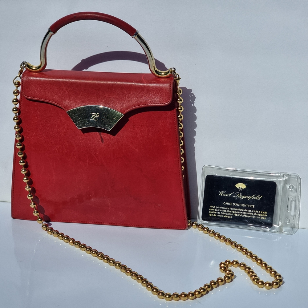 Vtg. Karl Lagerfeld Red Handbag with Gold Chain And Gold Tone Accents